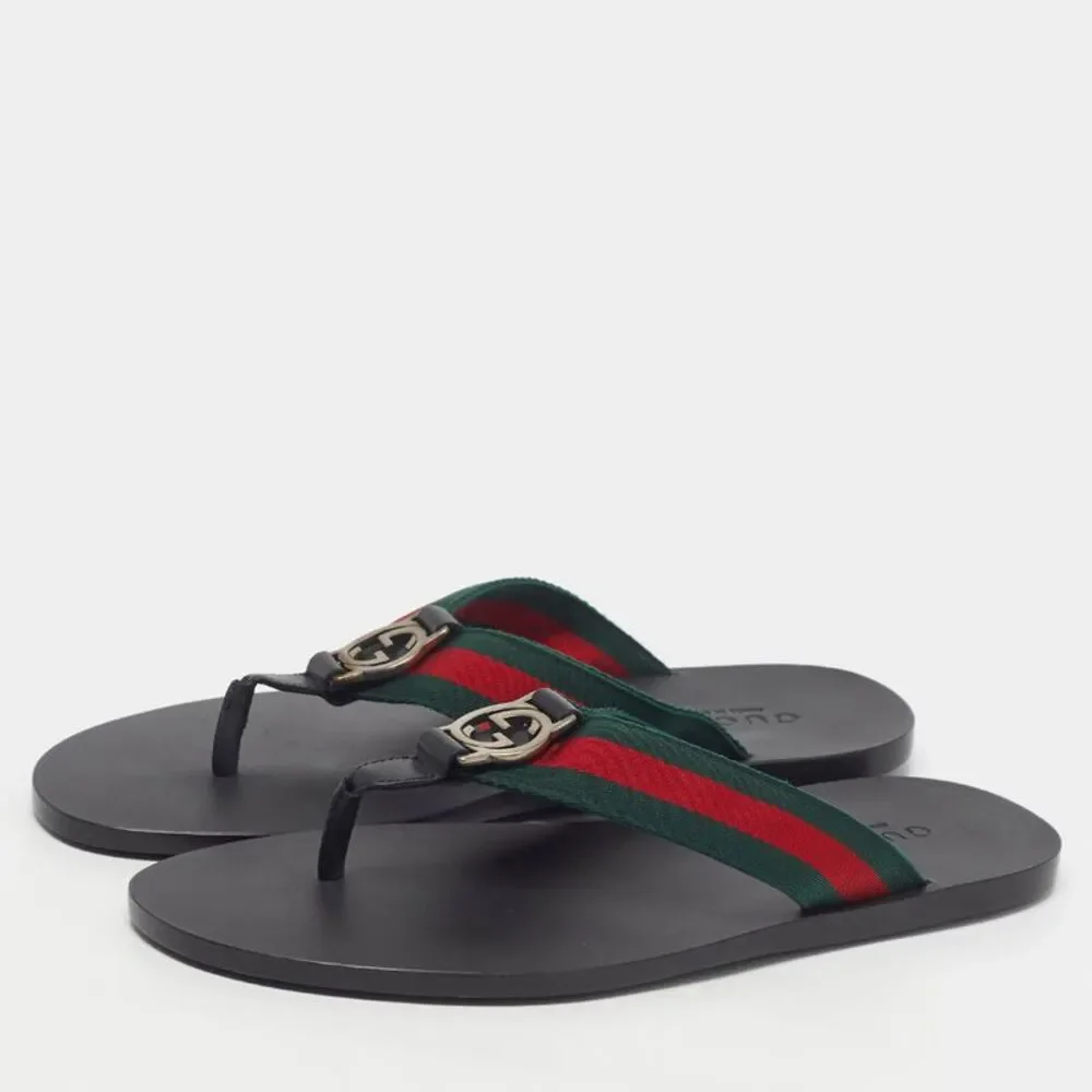 Gucci  Size 41 Black Leather Web Strap Interlocking G Thong Flats